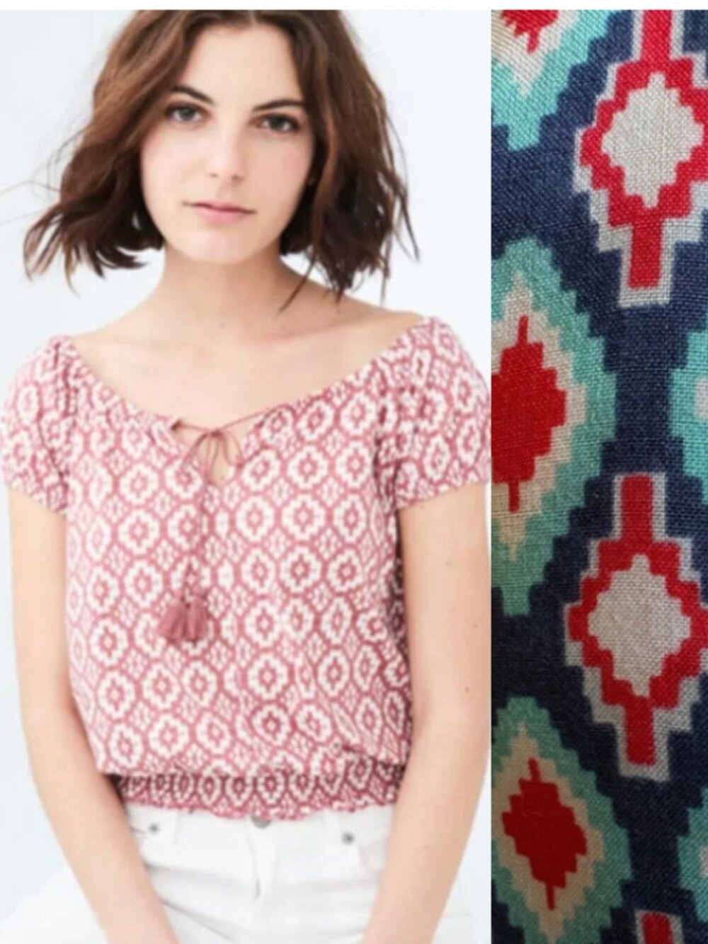 Red Camel Navy Teal & Red Geometric Peasant Top size M